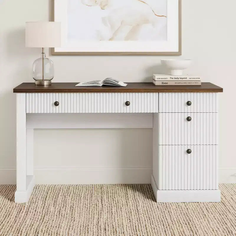 Garvee Fluted Home Office Desk Storage, 54 Modern Executive Desk with Charging Station, Wooden Computer Desk with File Drawers for Study