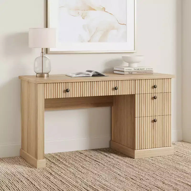 Garvee Fluted Home Office Desk Storage, 54 Modern Executive Desk with Charging Station, Wooden Computer Desk with File Drawers for Study