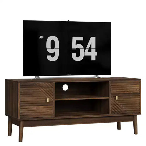 CLIHOME 43.31 inch Mid-Century Modern TV Stand for 32/45 inch TV, Entertainment Center with Storage, Media Console Table, Walnut