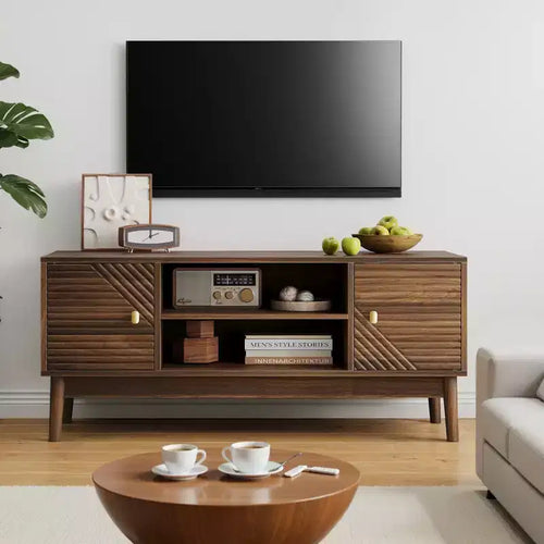 CLIHOME 43.31 inch Mid-Century Modern TV Stand for 32/45 inch TV, Entertainment Center with Storage, Media Console Table, Walnut