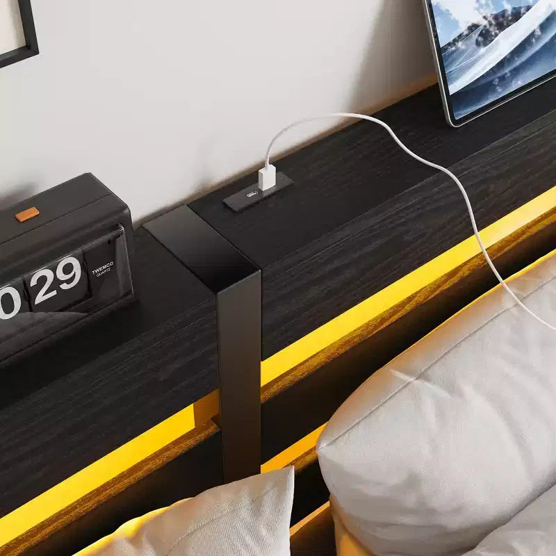 MAYEERTY Queen Size Black Metal Wooden Headboard Bed Frame RGB Lights Charger Storage Shelf Noise Free No Box Spring Needed
