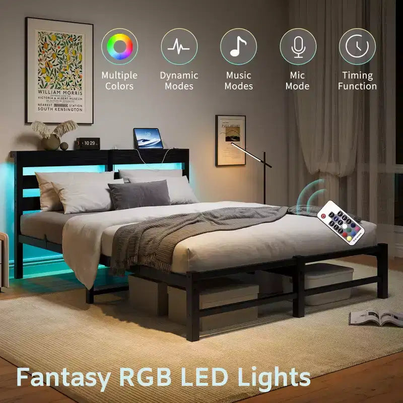 MAYEERTY Queen Size Black Metal Wooden Headboard Bed Frame RGB Lights Charger Storage Shelf Noise Free No Box Spring Needed
