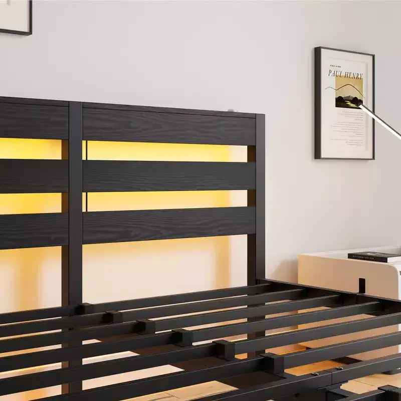 MAYEERTY Queen Size Black Metal Wooden Headboard Bed Frame RGB Lights Charger Storage Shelf Noise Free No Box Spring Needed