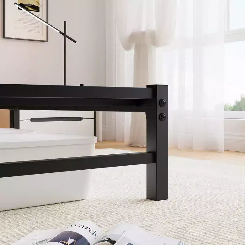 MAYEERTY Queen Size Black Metal Wooden Headboard Bed Frame RGB Lights Charger Storage Shelf Noise Free No Box Spring Needed