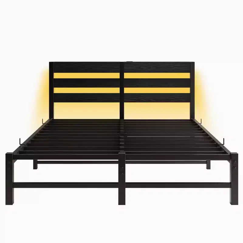 MAYEERTY Queen Size Black Metal Wooden Headboard Bed Frame RGB Lights Charger Storage Shelf Noise Free No Box Spring Needed