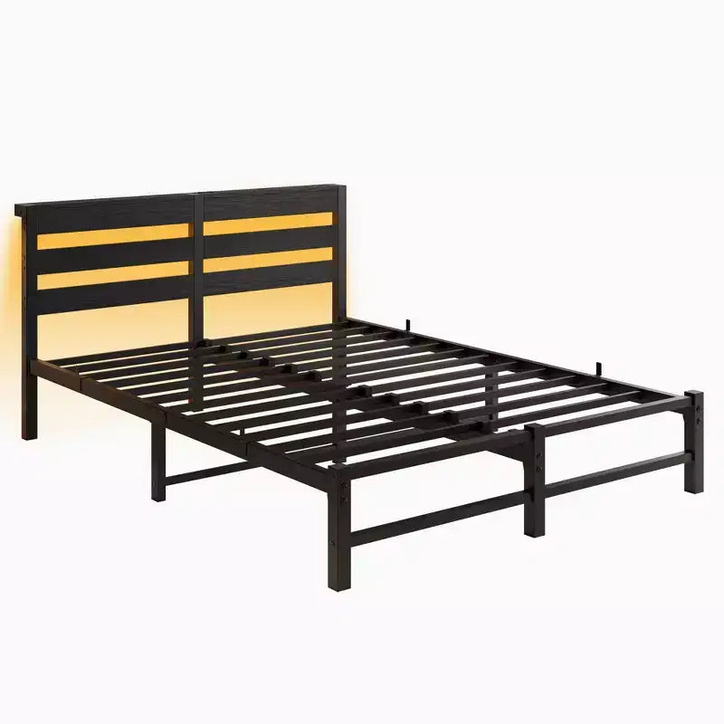 MAYEERTY Queen Size Black Metal Wooden Headboard Bed Frame RGB Lights Charger Storage Shelf Noise Free No Box Spring Needed
