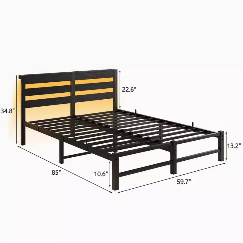 MAYEERTY Queen Size Black Metal Wooden Headboard Bed Frame RGB Lights Charger Storage Shelf Noise Free No Box Spring Needed