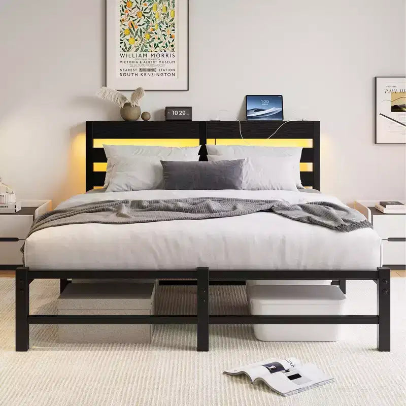 MAYEERTY Queen Size Black Metal Wooden Headboard Bed Frame RGB Lights Charger Storage Shelf Noise Free No Box Spring Needed