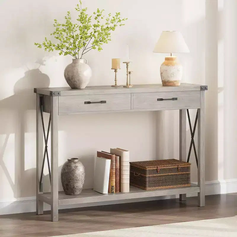 COZONY 43 Farmhouse Console Table with 2 Drawers & 2-Tier Storage Shelf Narrow Wood Entryway & Sofa Table for Hallway & Living Room