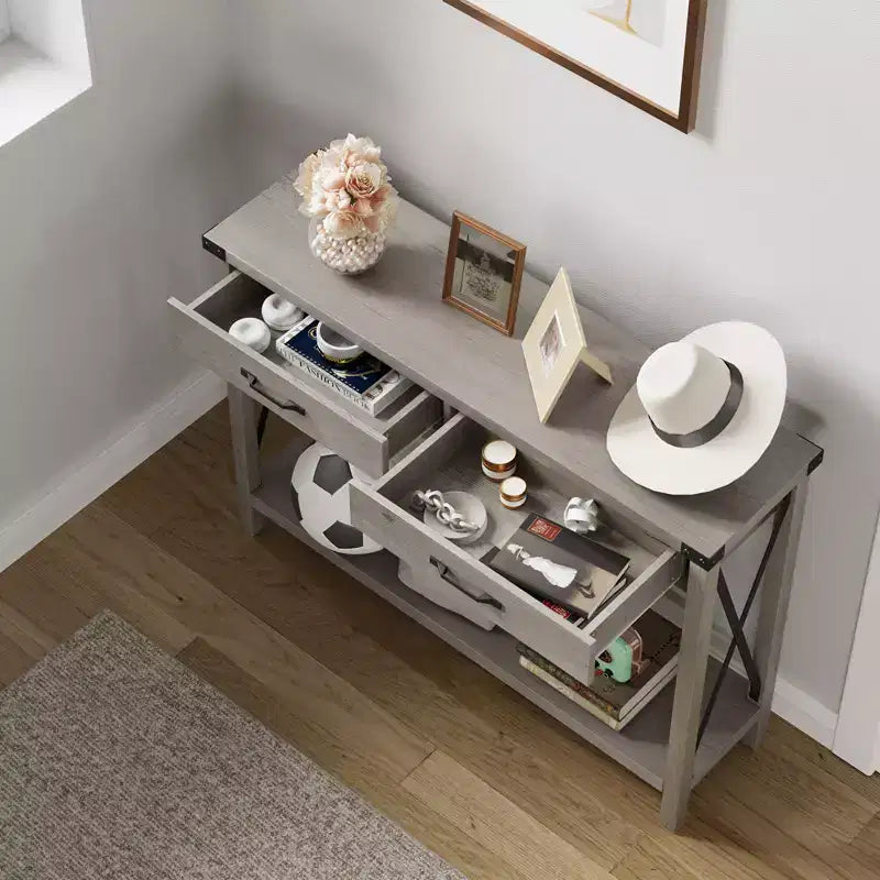 COZONY 43 Farmhouse Console Table with 2 Drawers & 2-Tier Storage Shelf Narrow Wood Entryway & Sofa Table for Hallway & Living Room