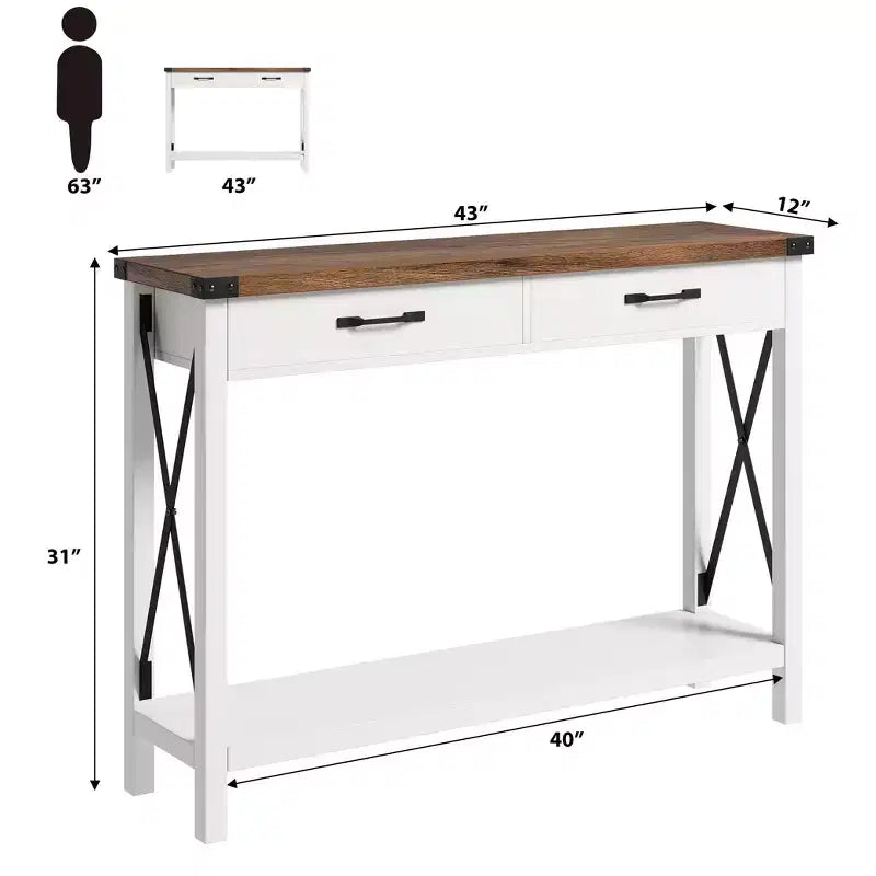 COZONY 43 Farmhouse Console Table with 2 Drawers & 2-Tier Storage Shelf Narrow Wood Entryway & Sofa Table for Hallway & Living Room