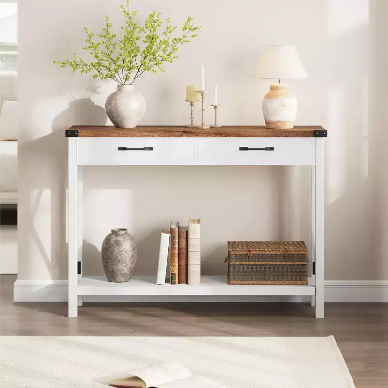 COZONY 43 Farmhouse Console Table with 2 Drawers & 2-Tier Storage Shelf Narrow Wood Entryway & Sofa Table for Hallway & Living Room