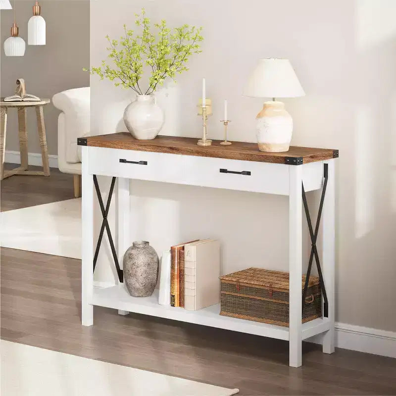 COZONY 43 Farmhouse Console Table with 2 Drawers & 2-Tier Storage Shelf Narrow Wood Entryway & Sofa Table for Hallway & Living Room