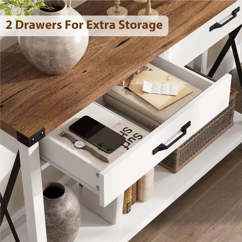 COZONY 43 Farmhouse Console Table with 2 Drawers & 2-Tier Storage Shelf Narrow Wood Entryway & Sofa Table for Hallway & Living Room