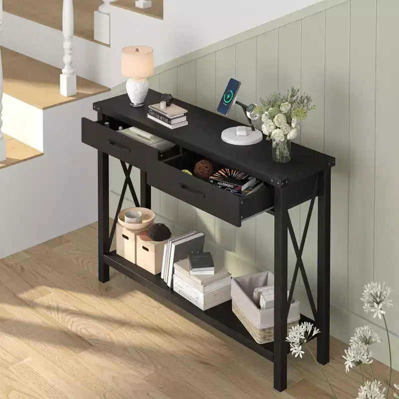 COZONY 43 Farmhouse Console Table with 2 Drawers & 2-Tier Storage Shelf Narrow Wood Entryway & Sofa Table for Hallway & Living Room