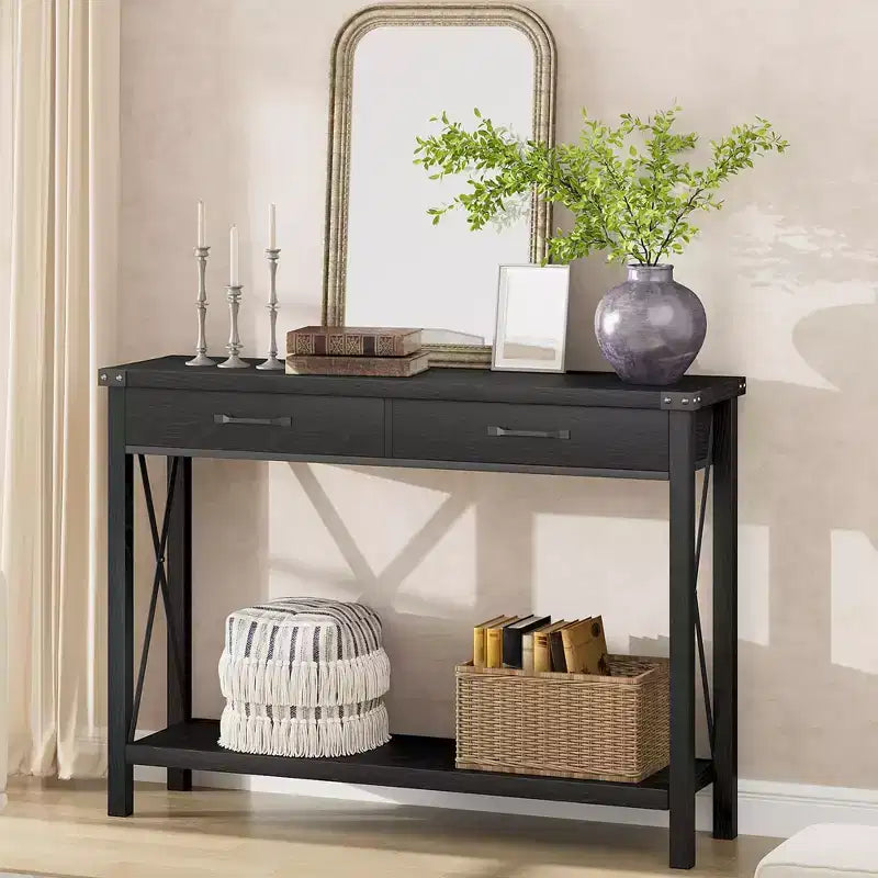 COZONY 43 Farmhouse Console Table with 2 Drawers & 2-Tier Storage Shelf Narrow Wood Entryway & Sofa Table for Hallway & Living Room