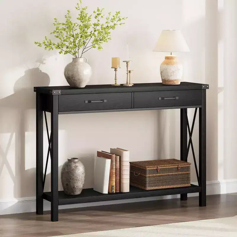 COZONY 43 Farmhouse Console Table with 2 Drawers & 2-Tier Storage Shelf Narrow Wood Entryway & Sofa Table for Hallway & Living Room