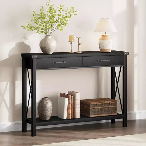 COZONY 43 Farmhouse Console Table with 2 Drawers & 2-Tier Storage Shelf Narrow Wood Entryway & Sofa Table for Hallway & Living Room