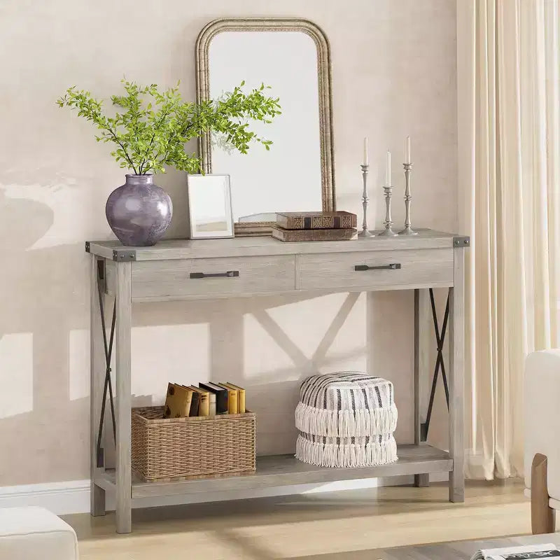 COZONY 43 Farmhouse Console Table with 2 Drawers & 2-Tier Storage Shelf Narrow Wood Entryway & Sofa Table for Hallway & Living Room