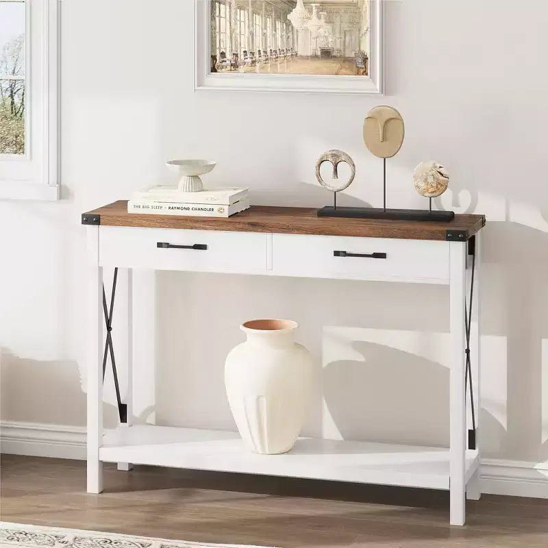 COZONY 43 Farmhouse Console Table with 2 Drawers & 2-Tier Storage Shelf Narrow Wood Entryway & Sofa Table for Hallway & Living Room