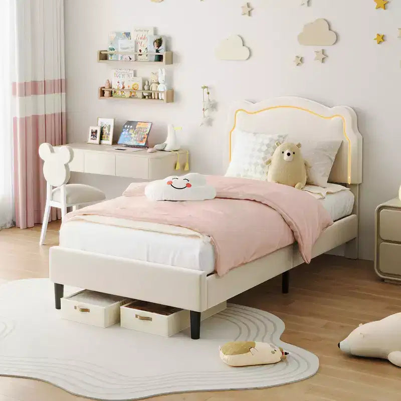 COZONY Twin Velvet Upholstered Bed Frame with Adjustable Headboard, Princess Platform Bed with Wooden Slats, No Box Spring Needed