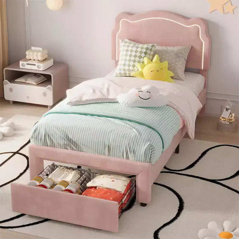 COZONY Twin Velvet Upholstered Bed Frame with Adjustable Headboard, Princess Platform Bed with Wooden Slats, No Box Spring Needed