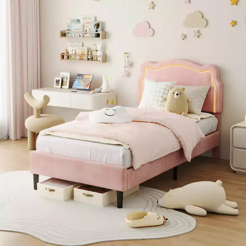 COZONY Twin Velvet Upholstered Bed Frame with Adjustable Headboard, Princess Platform Bed with Wooden Slats, No Box Spring Needed