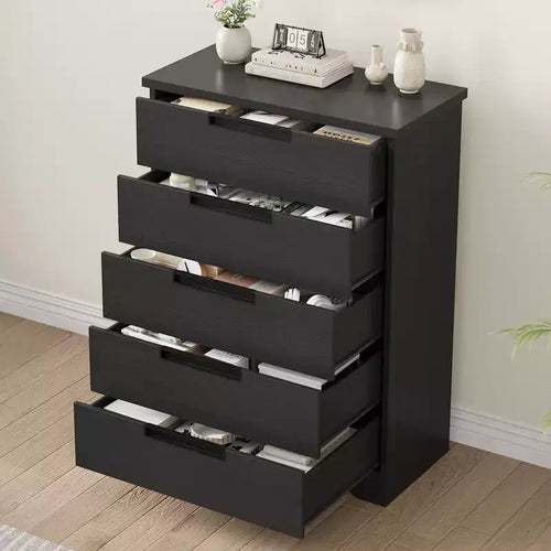 5 Drawer Dresser for Bedroom, Black Chest of Drawers Nightstand with Embedded Handles, Wooden Dresser Organizer for Living Room, Nursery, Entryway