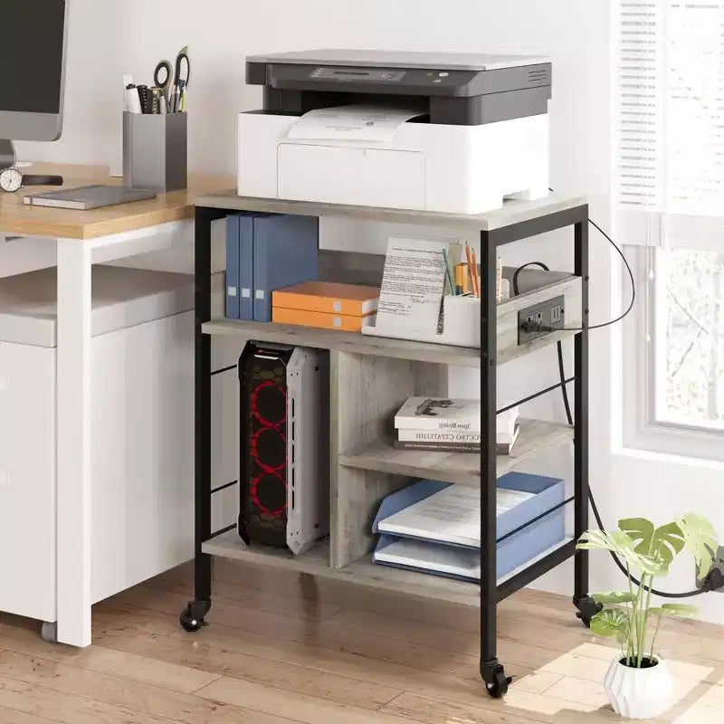 Printer Stand, 4-Tier Mobile Printer Cart with 2 Outlets & 2 USB Ports - Rolling Industrial Stand (Home Office/Scanner/Fax)