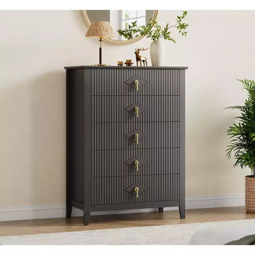 5 Drawer Dresser for Bedroom, 32W Wooden Chest of Drawers with Metal Handles, Fluted Clothes Storage Organizer, Dresser Narrow Nightstand