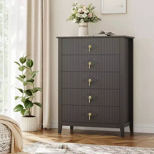5 Drawer Dresser for Bedroom, 32W Wooden Chest of Drawers with Metal Handles, Fluted Clothes Storage Organizer, Dresser Narrow Nightstand
