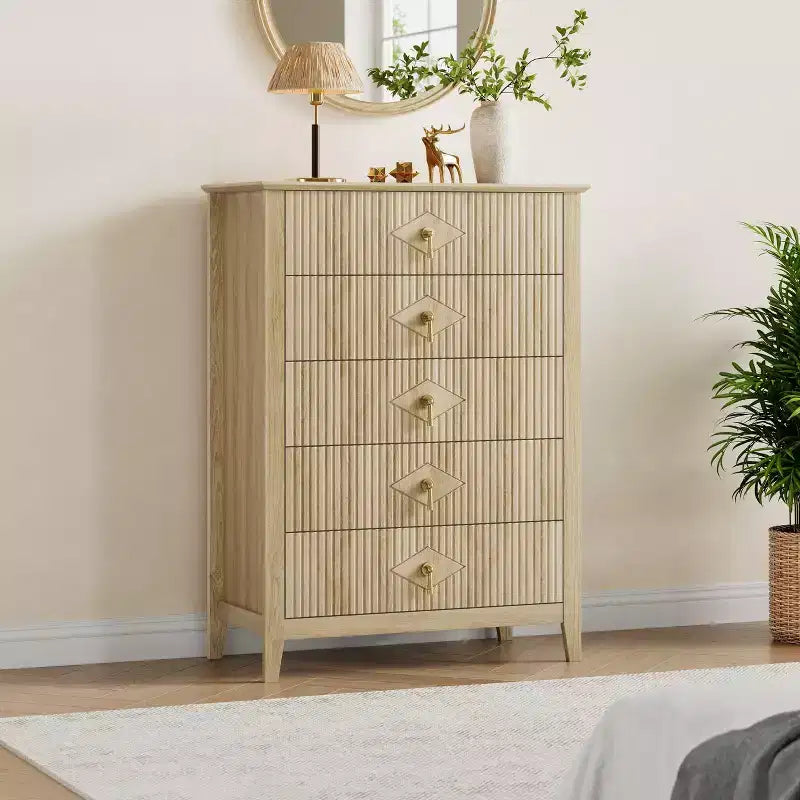 5 Drawer Dresser for Bedroom, 32W Wooden Chest of Drawers with Metal Handles, Fluted Clothes Storage Organizer, Dresser Narrow Nightstand