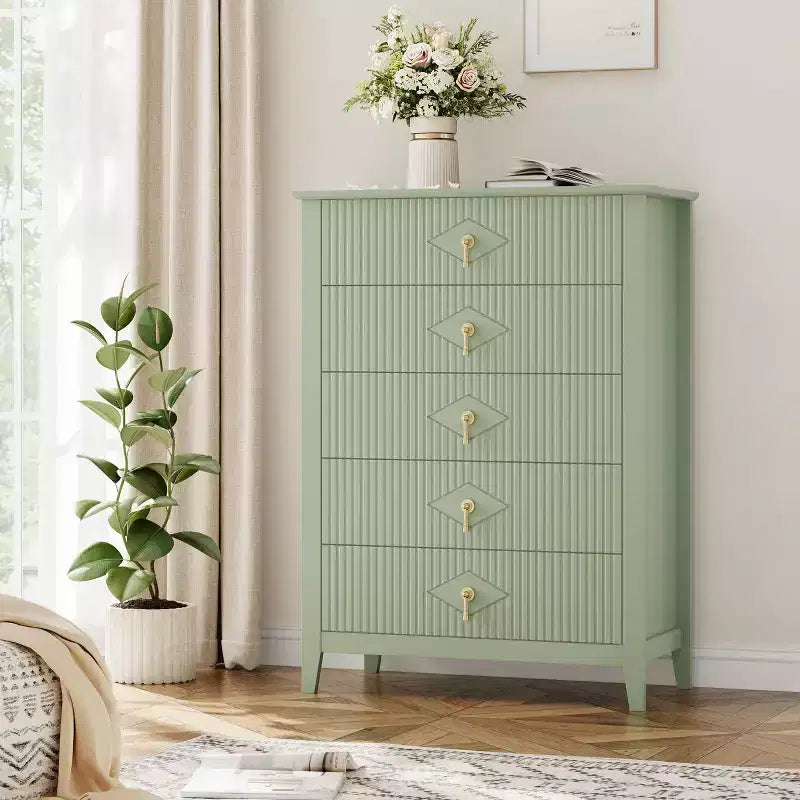 5 Drawer Dresser for Bedroom, 32W Wooden Chest of Drawers with Metal Handles, Fluted Clothes Storage Organizer, Dresser Narrow Nightstand