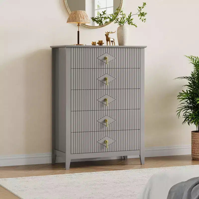 5 Drawer Dresser for Bedroom, 32W Wooden Chest of Drawers with Metal Handles, Fluted Clothes Storage Organizer, Dresser Narrow Nightstand