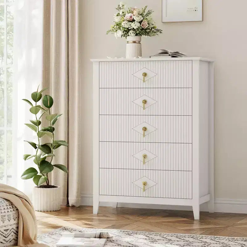 5 Drawer Dresser for Bedroom, 32W Wooden Chest of Drawers with Metal Handles, Fluted Clothes Storage Organizer, Dresser Narrow Nightstand