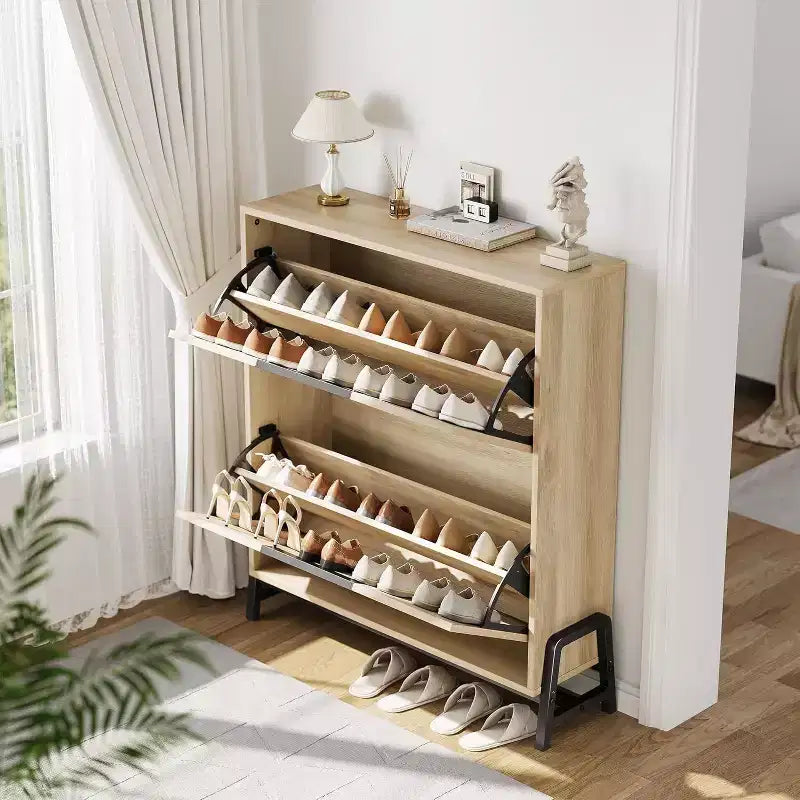 Acekool Oak Shoe Cabinet - 2 Flip-Drawer Storage Organizer with Metal Legs for Entryway & Hallway