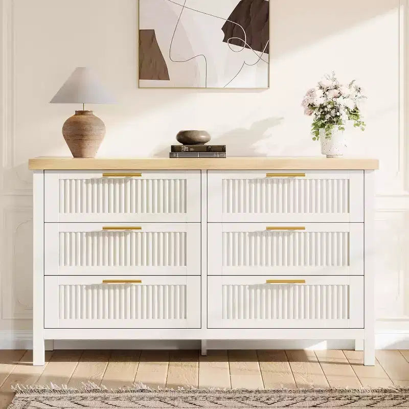 Fluted Dresser for Bedroom with 6 Drawers,Modern Chest of Drawers,Wooden Dresser TV Stand,Closet Clothes Storage Organizer for Living Room,Hallway