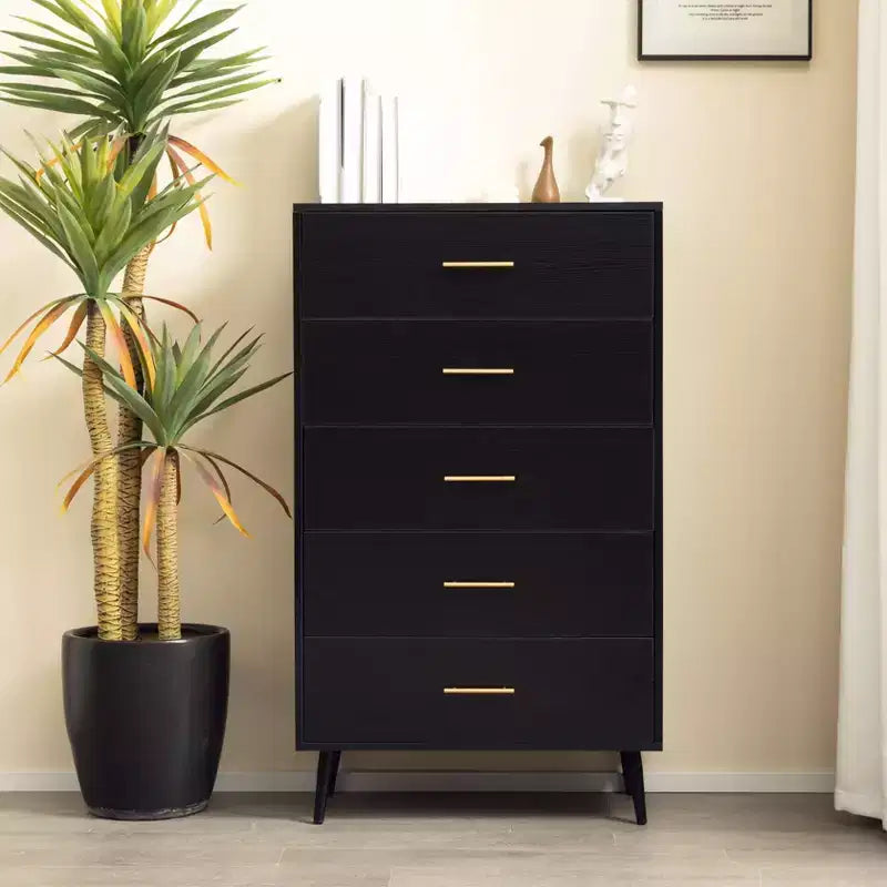 AEELLEEA Aiho Black 5-Drawer Tall Dresser Chest - Wood Storage Organizer with Metal Handles for Bedroom, Hallway