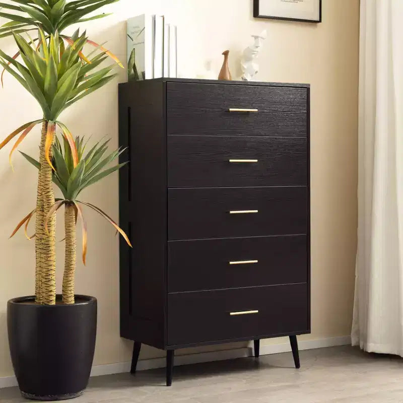 AEELLEEA Aiho Black 5-Drawer Tall Dresser Chest - Wood Storage Organizer with Metal Handles for Bedroom, Hallway