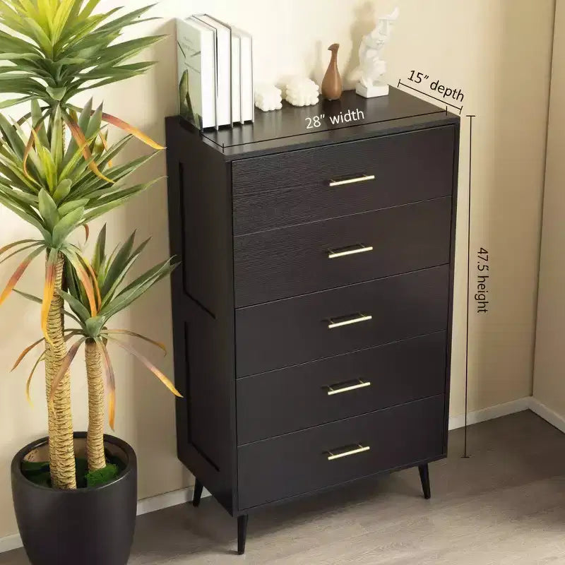 AEELLEEA Aiho Black 5-Drawer Tall Dresser Chest - Wood Storage Organizer with Metal Handles for Bedroom, Hallway