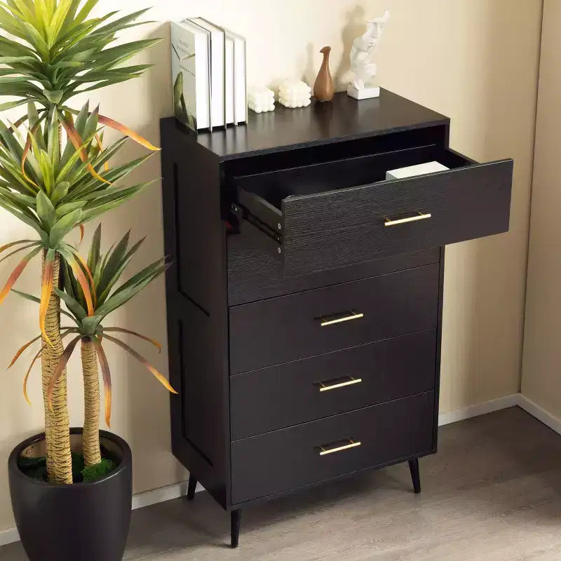 AEELLEEA Aiho Black 5-Drawer Tall Dresser Chest - Wood Storage Organizer with Metal Handles for Bedroom, Hallway