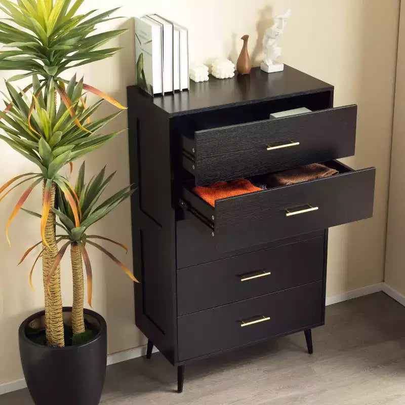 AEELLEEA Aiho Black 5-Drawer Tall Dresser Chest - Wood Storage Organizer with Metal Handles for Bedroom, Hallway