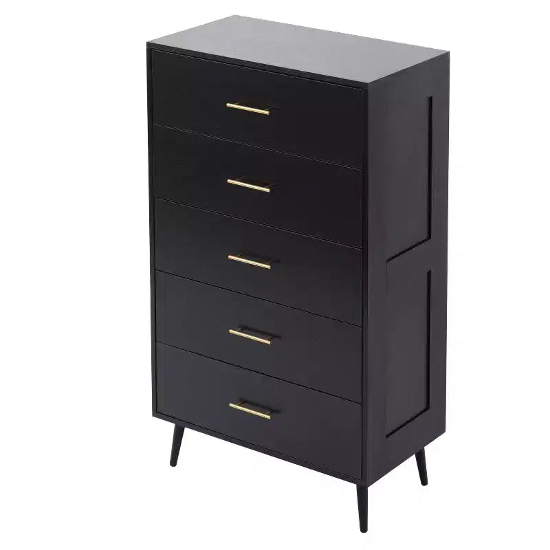 AEELLEEA Aiho Black 5-Drawer Tall Dresser Chest - Wood Storage Organizer with Metal Handles for Bedroom, Hallway