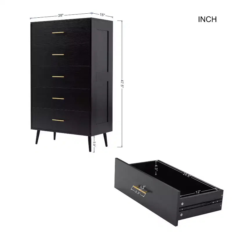 AEELLEEA Aiho Black 5-Drawer Tall Dresser Chest - Wood Storage Organizer with Metal Handles for Bedroom, Hallway
