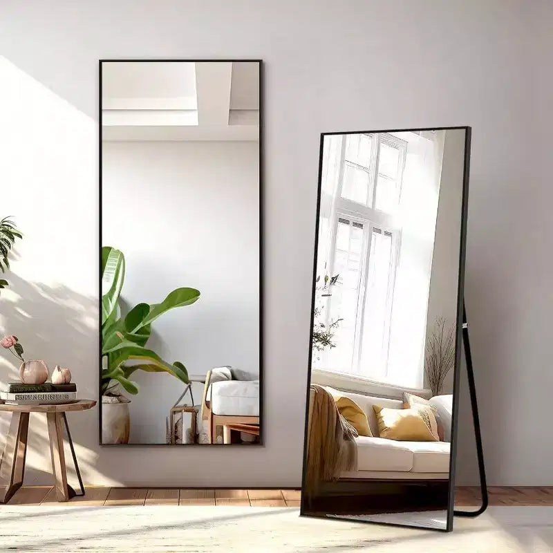 56x19 Black Mirror with Stand & Shatter-Proof Glass. Aluminum Frame for Multi-Position Use in Any Room