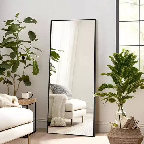 56x19 Black Mirror with Stand & Shatter-Proof Glass. Aluminum Frame for Multi-Position Use in Any Room