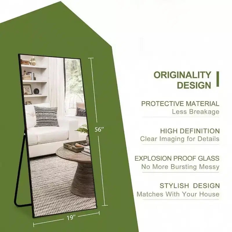 56x19 Black Mirror with Stand & Shatter-Proof Glass. Aluminum Frame for Multi-Position Use in Any Room