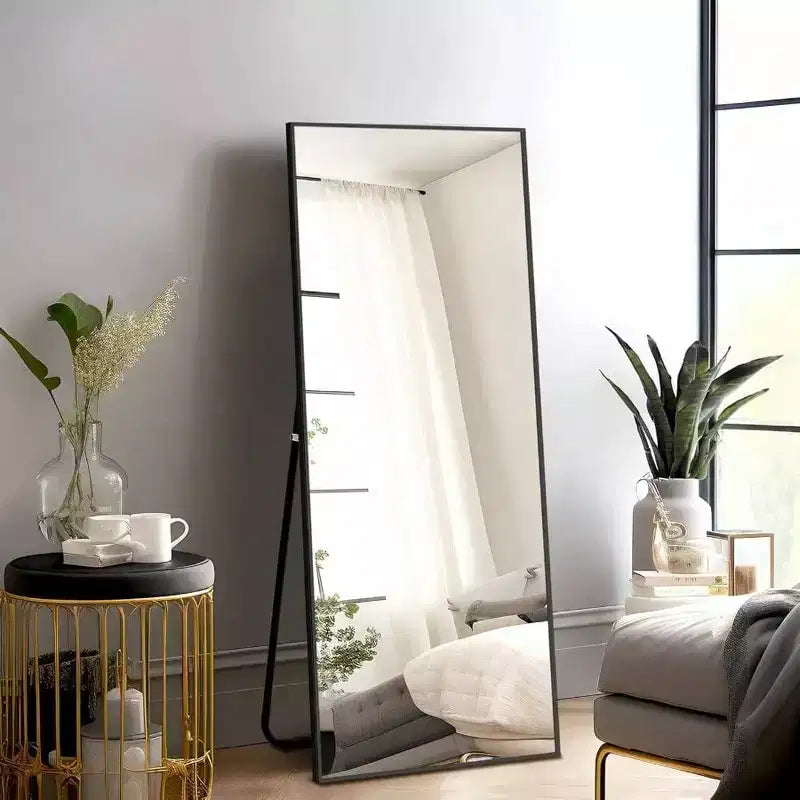 56x19 Black Mirror with Stand & Shatter-Proof Glass. Aluminum Frame for Multi-Position Use in Any Room