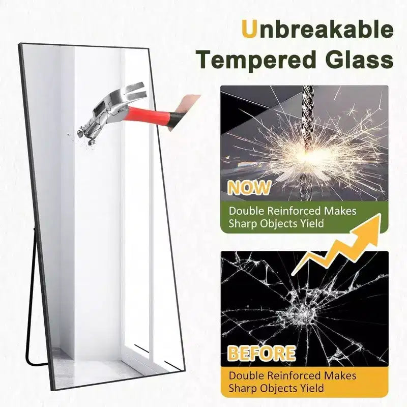 56x19 Black Mirror with Stand & Shatter-Proof Glass. Aluminum Frame for Multi-Position Use in Any Room
