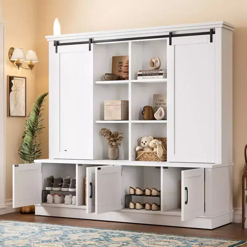 66H Hall Tree with Shoe Storage, Farmhouse Entryway Cabinet with Sliding Barn Doors & Shelves - ModernLuxe